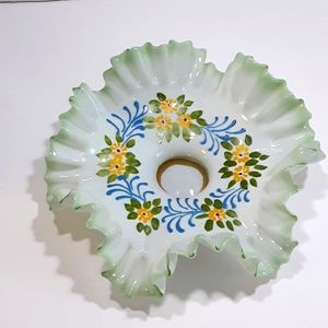 Antique Ruffled Green Glass Candle Holder Hand Painted Flowers Cottagecore